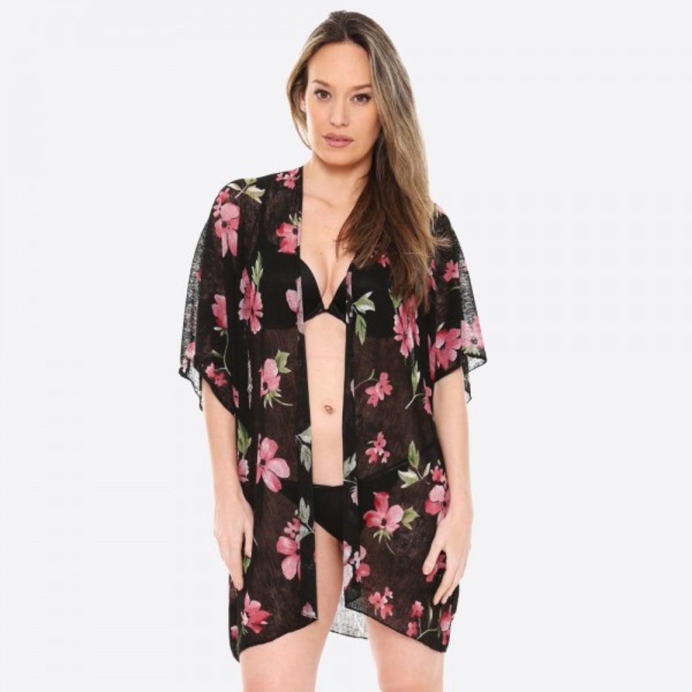 Women’s short sleeve black floral kimono cover up